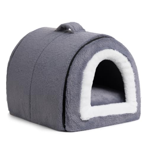 Hollypet Katzenbett Kleines Hundebett, 2-in-1 Faltbare Plüsch Haustierbett für Katzen & Kleine Hunde, Gemütliches und Weiches Haustierhöhlenbett für Indoor Outdoor, Dunkelgrau-Blau von Hollypet