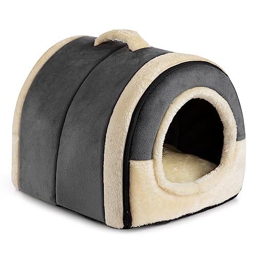 Hollypet Katzenbett Kleines Hundebett, 2-in-1 Faltbare Haustierbett für Katzen & Kleine Hunde, Warmes Höhlennest Kristallsamt-Katzenhöhle Indoor Outdoor, Dunkelgrau von Hollypet