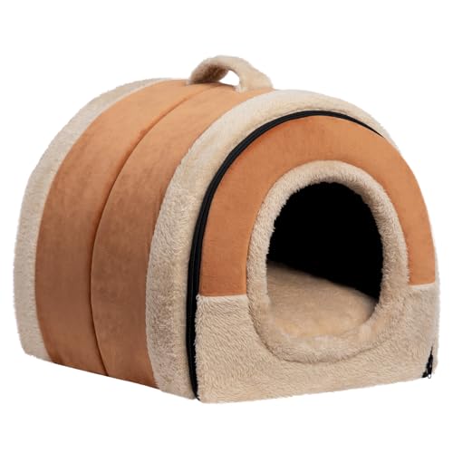 Hollypet Katzenbett Kleines Hundebett, 2-in-1 Faltbare Haustierbett für Katzen & Kleine Hunde, Warmes Höhlennest Kristallsamt-Katzenhöhle Indoor Outdoor, Orangebraun von Hollypet