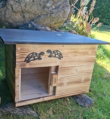 Schildkrötenhaus mit verschließbarem Eingang Boden und abnehmbares Dach aus 18mm starkem Fichtenvollholz geflammt (SK01G) von Holzdeko-Ma