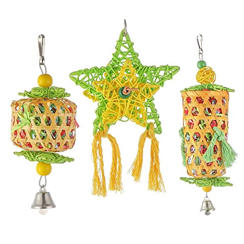 HomeSoGood 3 Stück Vogel-/Papageien-Spielzeug mit Rattan-fünfzackigen Sternen, kleine Vögel, hängende Schaukel, Futtersuche (Einheitsgröße, grün) von HomeSoGood
