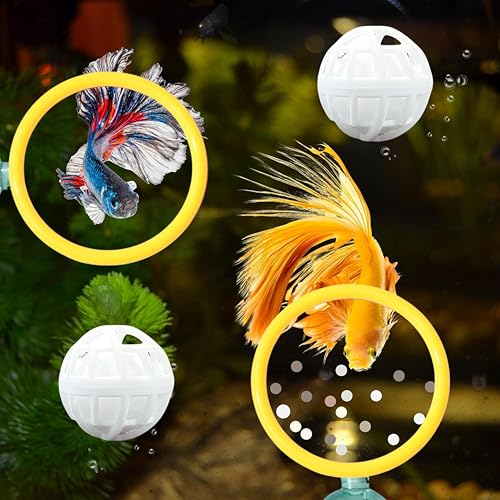Betta Fischanreicherungsspielzeug, Ring- und Filterbälle, Fischring-Anreicherungsspielzeug und Tankreinigerball, Aquarium-Futterringe mit nitrifizierenden Kugeln, Betta-Fischtank-Zubehör (Gelb, 6,4 cm von Homedy Crafts