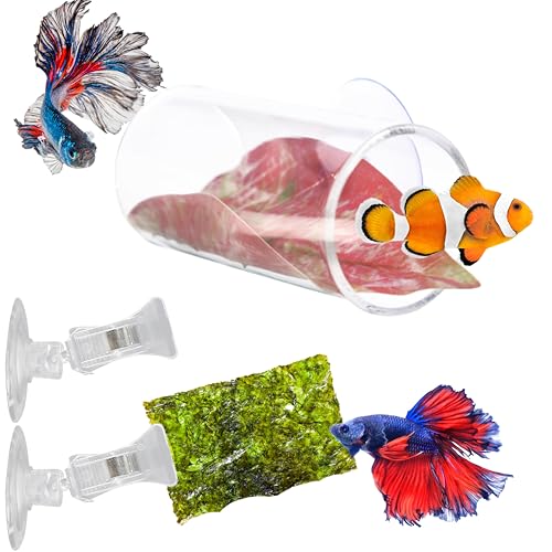 Betta-Tunnel mit 2 Gemüse-Clips für Aquarium, Betta-Versteck Tunnel, Blatt-Pad-Röhre und Fischfutter-Clip, Blatt-Clip, Futterwerkzeug, Bettas Aquarium-Zubehör für Zucht, Ruhefütterung (S, Schlauch) von Homedy Crafts