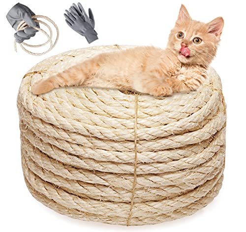Sisalseil für Kratzbaum, Homewit 8mm (25 Meter) Katzen Seil Natürliches Hanfseil für Katzen Zubehör und Spielzeug Katzen, Geeignet für Gartendekoration, Katzen Zubehör (mit Handschuhen) von Homewit