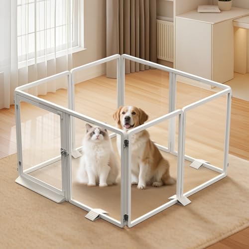 Homfstyi Laufstall aus transparentem Acryl, 65 cm hoch, transparenter Hundezaun mit Stützfüßen, modulares Innengehege für kleine Haustiere, einfache Montage (8 Paneele, Weiß) von Homfstyi
