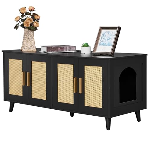 Homhedy Boho-Katzentoilette für 2 Katzen, Holz-Katzen-Waschraum-Möbel mit doppelten Rattan-Dekor-Türen, Haustierhaus, 120 cm L x 50 cm B x 55 cm H, Schwarz Homhedy Boho-Katzentoilette für 2 Katzen, Holz-Katzen-Waschraum-Möbel mit doppelten Rattan-Dekor-Türen, Haustierhaus, 120 cm L x 50 cm B x 55 cm H, Schwarz von Homhedy