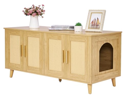 Homhedy Boho Katzentoilette für 2 Katzen, Holz-Katzen-Waschraum-Möbel mit doppelten Rattan-Dekor-Türen, Haustierhaus, 120 cm L x 50 cm B x 55 cm H, Natur Homhedy Boho Katzentoilette für 2 Katzen, Holz-Katzen-Waschraum-Möbel mit doppelten Rattan-Dekor-Türen, Haustierhaus, 120 cm L x 50 cm B x 55 cm H, Natur von Homhedy