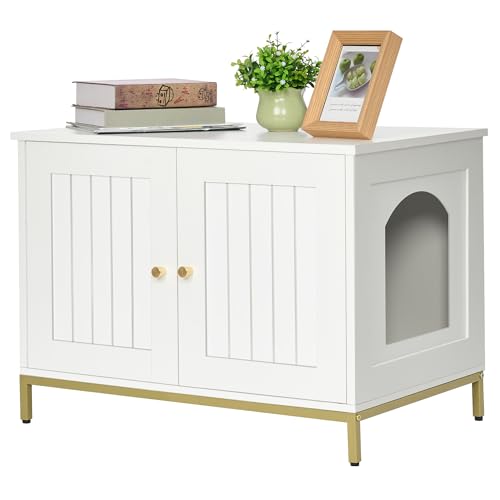 Homhedy Katzentoilette, versteckt mit Metallrahmen, für die meisten Katzen, moderner Stil, Weiß und Gold Homhedy Katzentoilette, versteckt mit Metallrahmen, für die meisten Katzen, moderner Stil, Weiß und Gold von Homhedy