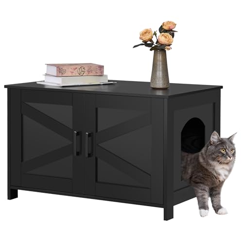 Homhedy Katzentoilette aus Holz, mit Scheunentür, Haustierhaus, passend für die meisten Katzentoiletten, Schwarz Homhedy Katzentoilette aus Holz, mit Scheunentür, Haustierhaus, passend für die meisten Katzentoiletten, Schwarz von Homhedy