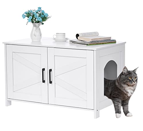 Homhedy Katzentoilette, versteckt mit Scheunentür, hölzerne Katzentoilette, Katzentoilette, passend für die meisten Katzentoiletten, Weiß Homhedy Katzentoilette, versteckt mit Scheunentür, hölzerne Katzentoilette, Katzentoilette, passend für die meisten Katzentoiletten, Weiß von Homhedy
