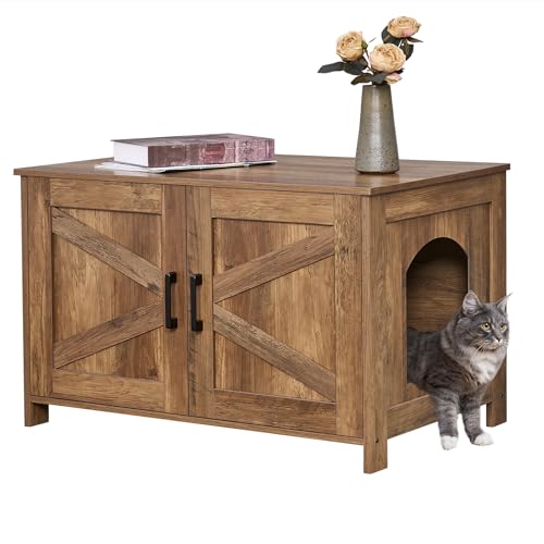 Homhedy Katzentoilette, Holz-Katzen-Waschraum-Möbel mit Scheunentür, Haustierhaus, passend für die meisten Katzentoiletten, rustikales Walnussholz Homhedy Katzentoilette, Holz-Katzen-Waschraum-Möbel mit Scheunentür, Haustierhaus, passend für die meisten Katzentoiletten, rustikales Walnussholz von Homhedy