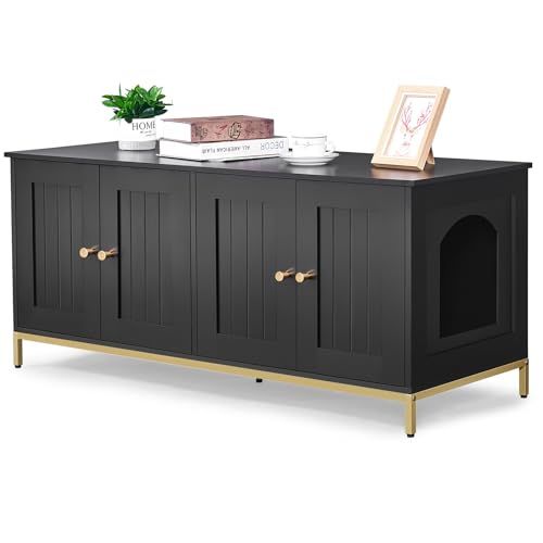 Homhedy Katzentoilette für 2 Katzen, Katzen-Waschraum-Möbel mit Doppelzimmer, Haustierhaus mit Metallrahmen, 120 cm L x 45 cm B x 55 cm H, Schwarz und Gold Homhedy Katzentoilette für 2 Katzen, Katzen-Waschraum-Möbel mit Doppelzimmer, Haustierhaus mit Metallrahmen, 120 cm L x 45 cm B x 55 cm H, Schwarz und Gold von Homhedy