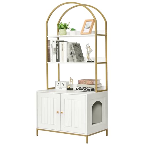 Homhedy Katzentoiletten-Gehäuse, versteckte Katzentoiletten-Möbel mit 2-stöckigen Aufbewahrungsregalen, Holz-Katzen-Waschraum-Möbel mit Metallrahmen, Katzenhaus, moderner Stil, Weiß und Gold Homhedy Katzentoiletten-Gehäuse, versteckte Katzentoiletten-Möbel mit 2-stöckigen Aufbewahrungsregalen, Holz-Katzen-Waschraum-Möbel mit Metallrahmen, Katzenhaus, moderner Stil, Weiß und Gold von Homhedy