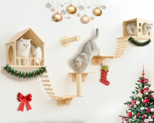 Katzen-Wandregale, Wandmontierte Katzenkletterregale, Katzenmöbel aus Holz mit 2 Katzenhäusern, 3 Katzen-Sitzstangen, 2 Brückenleitern und 2 Kratzbäumen Katzen-Wandregale, Wandmontierte Katzenkletterregale, Katzenmöbel aus Holz mit 2 Katzenhäusern, 3 Katzen-Sitzstangen, 2 Brückenleitern und 2 Kratzbäumen von Homman