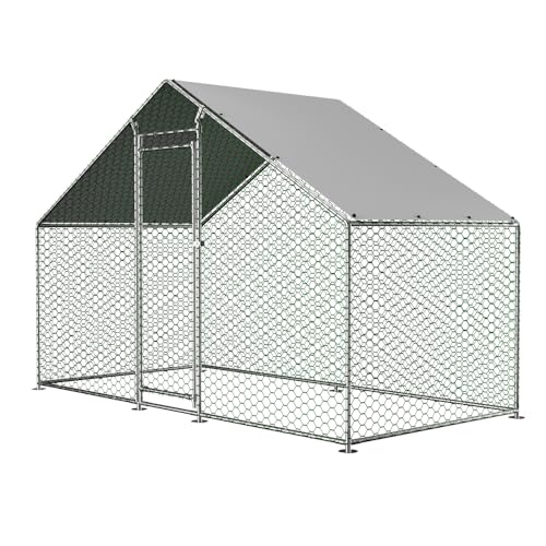 Hommdiy Hühnerstall mit Sicherheitsschloss und Wasserdichtes PE-Tuch, Freilaufgehege aus Metall für Hühner, Kaninchen und weitere Kleintiere (3x1.5x2m) von Hommdiy