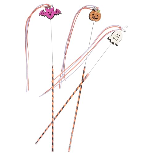 Homoyoyo 3 Stück Teiliges Halloween Katzenspielzeug Interaktive Cat Teaser Sticks mit Glöckchen Langlebig Sicher und Spaßig für Katzen Kürbis Geist und Fledermaus Designs für Indoor Spiel von Homoyoyo