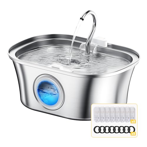 Trinkbrunnen für Katze, Katzenbrunnen Edelstahl, 3.2L Wasserbrunnen für Katzen, Leiser Katzen Trinkbrunnen,Mehrfach-Filterung Katzentrinkbrunnen mit 8 Ersatzfilter und 8 Schaumfilter von Homrich