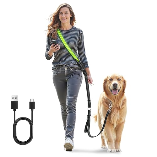 LED Hundeleine Wiederaufladbar - Freihandleine & Joggingleine mit Autosicherheitsgurt für Kleine zu Große Hunde - Verstellbar Leine für Nächtliche Sicherheit beim Laufen, Joggen, Wandern von Homrich