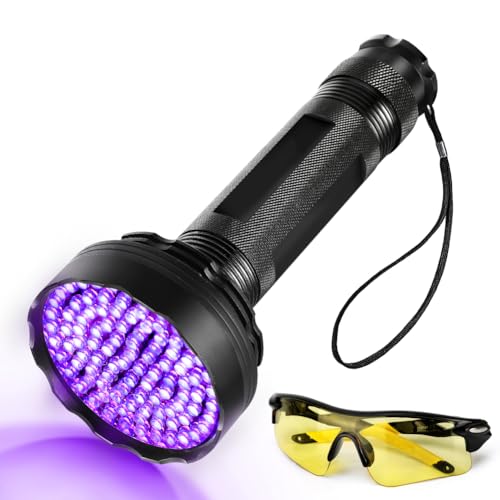 UV Taschenlampe 100 LEDs UV Schwarzlicht Taschenlampe mit UV-Schutzbrille,395nm UV Licht Scorpion Light Torch Lampe für unechte Banknoten, Urin von Hunde,Teppich,Nagetiere von Homrich