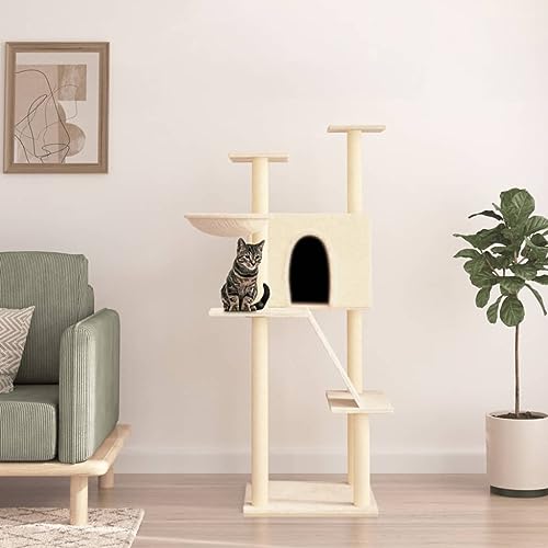 Homvdxl 143 cm Katzenbaum Turm, hohe Katzenhütten mit Sisalüberzogenen Kratzstämmen, Rampe & Liegekorb, Katzenhaus Aktivitätszentrum für Kätzchen, Katzen und Haustiere - Creme Homvdxl 143 cm Katzenbaum Turm, hohe Katzenhütten mit Sisalüberzogenen Kratzstämmen, Rampe & Liegekorb, Katzenhaus Aktivitätszentrum für Kätzchen, Katzen und Haustiere - Creme von Homvdxl