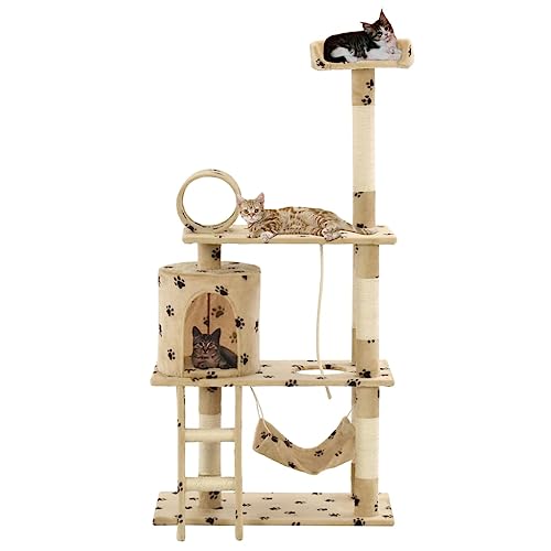 Homvdxl Katzenbaum für Indoor-Katzen, 140 cm mehrstöckiger Katzenturm mit Katzenhütte, Hängematte und Sisal-Kratzbaum, Top-Plattform & Leiter für Kätzchen Katzen - Beige + Pfotenabdruck von Homvdxl