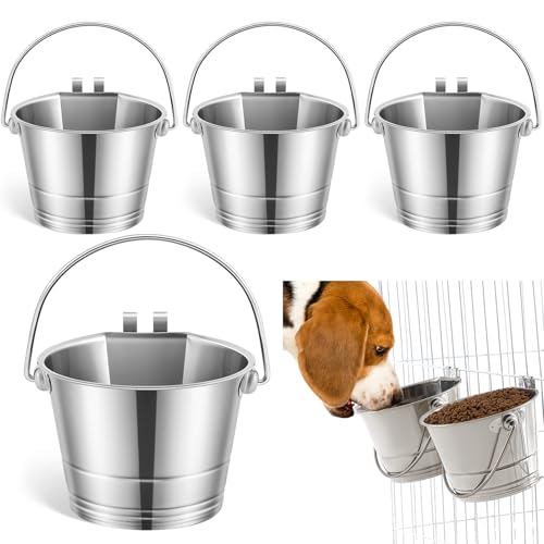 Honeydak 4 Stück flache Eimer mit Doppelhaken, 1 Quart Edelstahl, flache Rückseite, Doppelhaken, zum Aufhängen, Wassereimer für Hunde, Katzen, Tierkäfige, Käfige, Zäune, Haustierbehälter von Honeydak