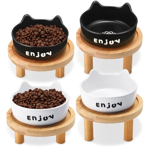 Honeydak 4 flache erhöhte Katzennäpfe mit Bambusständer, Keramikgeschirr, geeignet für Futterstationen für Haustiere, bequemes Essen, Innenbereich, für Katzen und Kätzchen, Weiß + Schwarz Honeydak 4 flache erhöhte Katzennäpfe mit Bambusständer, Keramikgeschirr, geeignet für Futterstationen für Haustiere, bequemes Essen, Innenbereich, für Katzen und Kätzchen, Weiß + Schwarz von Honeydak