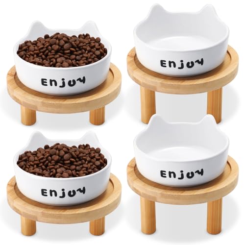 Honeydak 4 flache erhöhte Katzennäpfe mit Bambusständer, Keramikgeschirr, geeignet für Futterstationen für Haustiere, bequemes Essen, Innenbereich, für Katzen und Kätzchen, Weiß von Honeydak