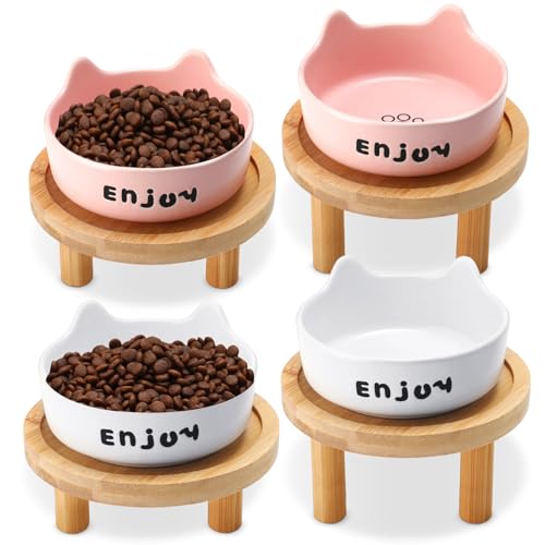 Honeydak 4 flache erhöhte Katzennäpfe mit Bambusständer, Keramikgeschirr, geeignet für Futterstationen für Haustiere, bequemes Essen, Innenbereich, für Katzen und Kätzchen (Weiß + Rosa) von Honeydak
