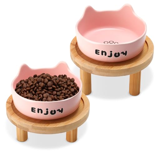 Honeydak 4-teiliges erhöhtes Katzenfutterschalen-Set beinhaltet 2 x 11,9 cm breite Keramik-Katzennäpfe, 2 x Bambus-Ständer, Wasser- oder Futterteller, Futterstation für Innenkatzen (Rosa) von Honeydak