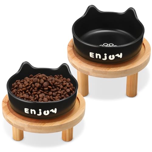 Honeydak Das 4-teilige erhöhte Katzenfutterschalen-Set beinhaltet 2 x 11,9 cm breite Keramik-Katzennäpfe, 2 x Bambus-Ständer, Wasser- oder Futterteller, Futterstation für Indoor-Katzen, Kätzchen von Honeydak