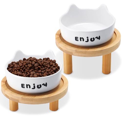 Honeydak Das 4-teilige erhöhte Katzenfutterschalen-Set beinhaltet 2 x 11,9 cm breite Keramik-Katzennäpfe, 2 x Bambus-Ständer, Wasser- oder Futterteller, Futterstation für Innenkatzen, Kätzchen (weiß) von Honeydak