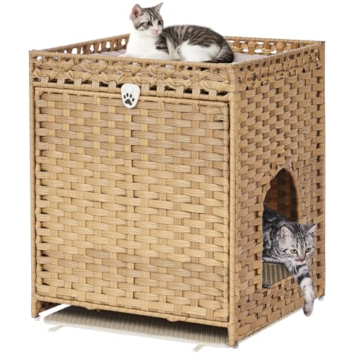 Katzentoilette Gehege mit weicher Katzentoilette Matte Versteckte Katze Waschraum Möbel mit Tür Handgewebtes Rattan Katzenhaus Haustierkiste für Wohnzimmer Schlafzimmer Balkon (Natur) von Honiakaka