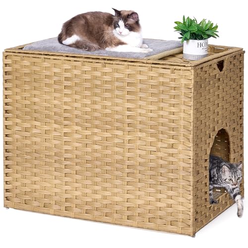 Katzentoilette mit Katzentoilette, handgewebtes Kunststoff-Rattan-Katzenhaus, keine Installation, versteckter Katzen-Waschraum, Haustierkiste für Balkon, Schlafzimmer, Wohnzimmer Katzentoilette mit Katzentoilette, handgewebtes Kunststoff-Rattan-Katzenhaus, keine Installation, versteckter Katzen-Waschraum, Haustierkiste für Balkon, Schlafzimmer, Wohnzimmer von Honiakaka