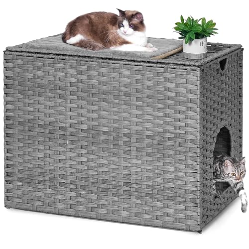 Katzentoilette mit Katzentoilette, handgewebtes Kunststoff-Rattan-Katzenhaus; keine Installation, versteckter Katzen-Waschraum, Haustierkiste für Balkon, Schlafzimmer, Wohnzimmer von Honiakaka