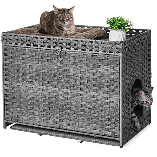 Katzentoilette mit weicher Katzentoilette, versteckte Kätzchen-Waschraummöbel mit Tür, handgewebtes Rattan-Katzenhaus mit großem Raum, Haustierkiste für Wohnzimmer, Schlafzimmer, Balkon (Grau) von Honiakaka