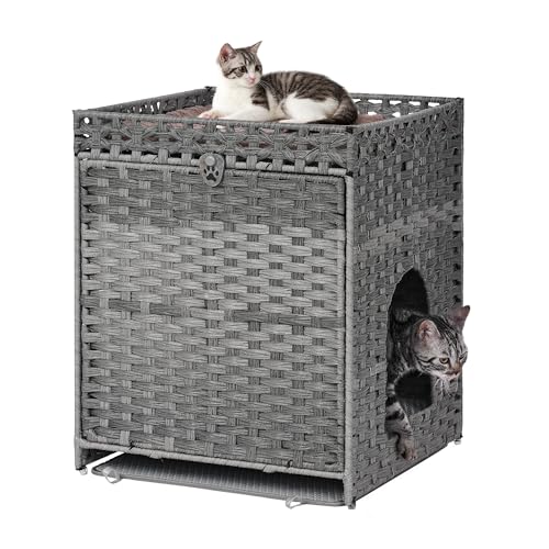 Katzentoilette mit weicher Katzentoilette, versteckte Katzen-Waschraum-Möbel mit Tür, handgewebtes Rattan-Katzenhaus, Haustierkiste für Wohnzimmer, Schlafzimmer, Balkon (grau) von Honiakaka