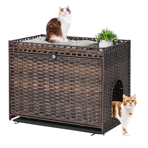 Katzentoilette mit weicher Katzentoilette, versteckte Katzen-Waschraum-Möbel mit Tür, handgewebtes Rattan-Katzenhaus mit großem Raum, Haustierkiste für Wohnzimmer, Schlafzimmer, Balkon (Braun) von Honiakaka