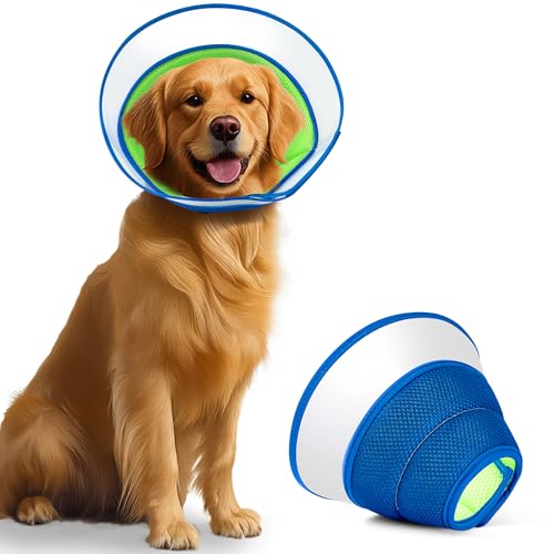 Halskrause Hund Weich, Hundekragen Leckschutz mit PVC, Schutzhalsband Katze, Kegelhalsbänder, Verstellbar Genesungshalsband, Leicht Halskrausen für Hunde, Haustier Elisabethanischer, Grün & Blau, S von Honprodu