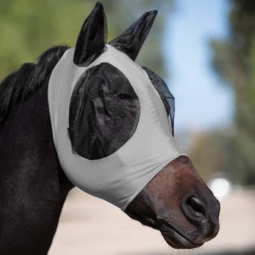 Honseadek Fliegenmaske für Pferde, mit Ohrenschutz, Netzschutz, atmungsaktiv, leicht, 3D-Design, Komfort, Elastizität, weicher Sonnenschutz für Pferdesport, Pferdepflege, Grau von Honseadek