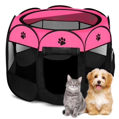 HORING Laufgitter für Hunde, groß, Haustier-Laufstall, Tragetasche für Hunde und Katzen, Pop-Up-Zelt, Welpen, tragbar, faltbar, langlebig, Pfotenhütte (L 88,9 x 88,9 x 61 cm, Rose) von Horing