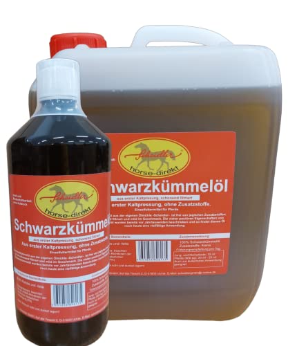 Horse-Direkt Premium 6 L Schwarzkümmelöl Pferde und Hunde Kaltgepresst – Frisch Aus Eigener Pressung - (1 x 5 L Kanister + 1 L Flasche) von Scheidler horse-direkt