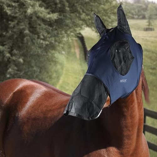 Horses, Fliegenmaske aus Lycra mit Ohren und Nasenschutz, Leichte und atmungsaktive Fliegenmaske, behindert Nicht das Sichtfeld des Pferdes, Augen- und Gehörschutz (Full, Blau) von Horses