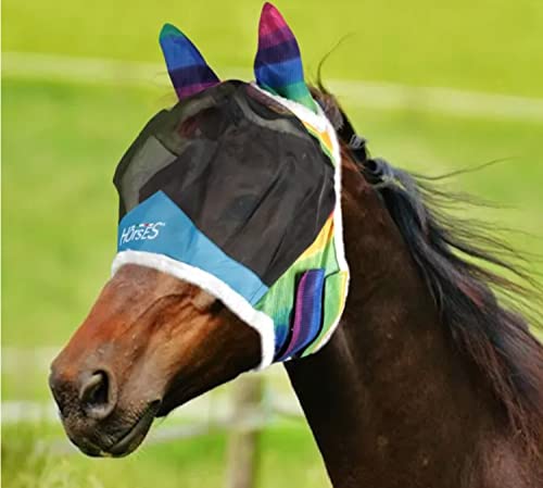 Horses, Fliegenohren Fly Shield Rainbow, Leichte und Atmungsaktive Fliegenmaske, Behindert Nicht das Sichtfeld des Pferdes, Augen und Gehörschutz (L, Mehrfarbig) von Horses
