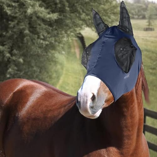 Horses, Fliegenmaske aus Lycra mit Netz Einsatz, Leichte und atmungsaktive Fliegenmaske, behindert Nicht das Sichtfeld des Pferdes, Augen- und Gehörschutz (Full, Blau) von Horses
