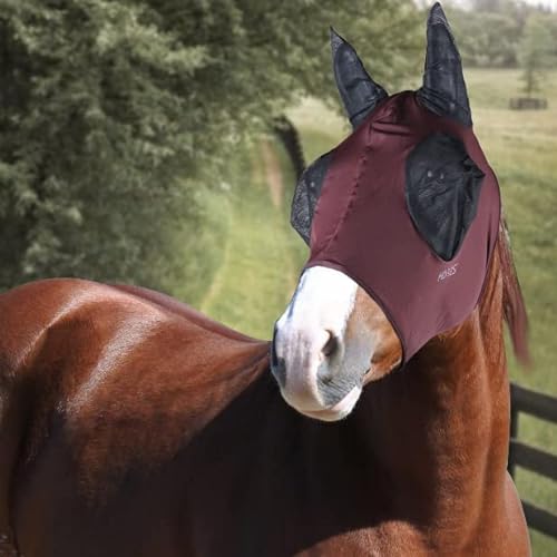 Horses, Fliegenmaske aus Lycra mit Netz Einsatz, Leichte und atmungsaktive Fliegenmaske, behindert Nicht das Sichtfeld des Pferdes, Augen- und Gehörschutz (Pony, Bordeaux) von Horses
