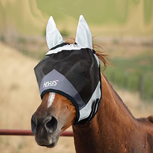 Horses, Fliegenohren Maske Fly Shield, Leichte und Atmungsaktive Fliegenmaske, Behindert Nicht das Sichtfeld des Pferdes, Augen und Gehörschutz (L, GRAU/SCHWARZ) von Horses