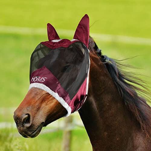 Horses,Fliegenohren Fly Shield Pro, Leichte und Atmungsaktive Fliegenmaske, Behindert Nicht das Sichtfeld des Pferdes, Augen und Gehörschutz (S, Bordeaux) von Horses