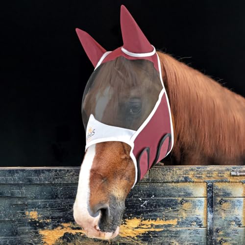 Horses Pro Fly Fliegenmaske, leicht und atmungsaktiv, behindert nicht das Sichtfeld des Pferdes, Augen- und Ohrenschutz (L, Bordeaux/Weiß) von Horses