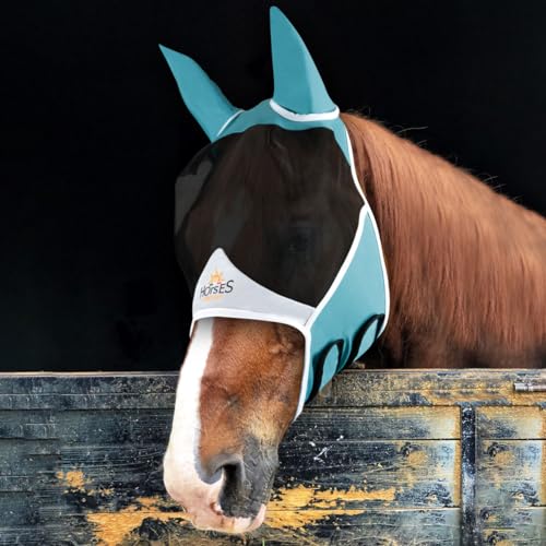 Horses Pro Fly Fliegenmaske, leicht und atmungsaktiv, behindert nicht das Sichtfeld des Pferdes, Augen- und Ohrenschutz (L, Hellblau/Weiß) von Horses
